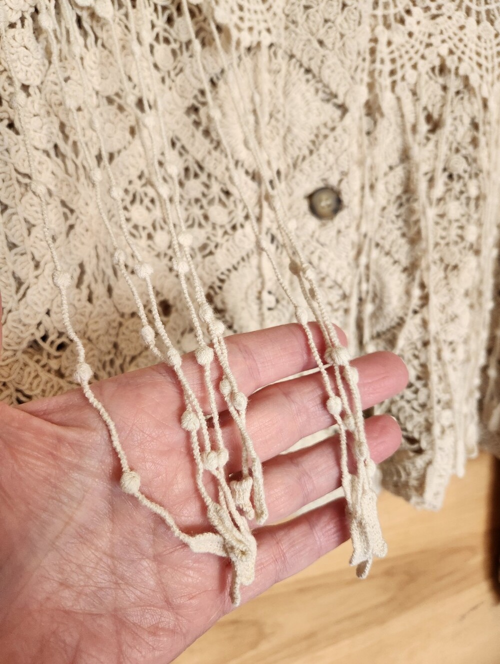 MISS ME CROCHET LACE FRINGE BOHO WESTERN FESTIVAL CREAM SHACKET CARDIGAN LARGE - Picture 7 of 16